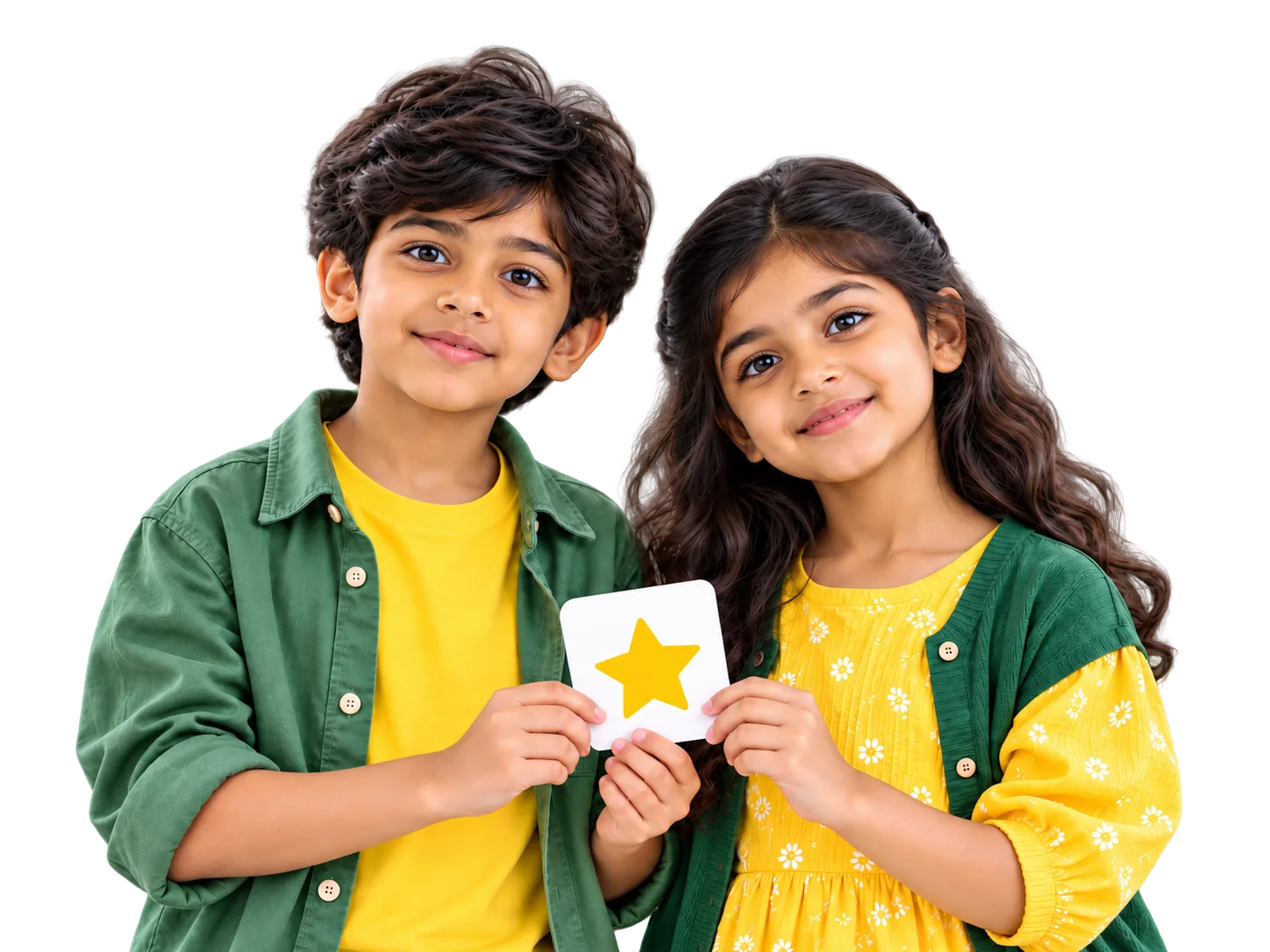 Two children in HashHackCode tops holding a star card