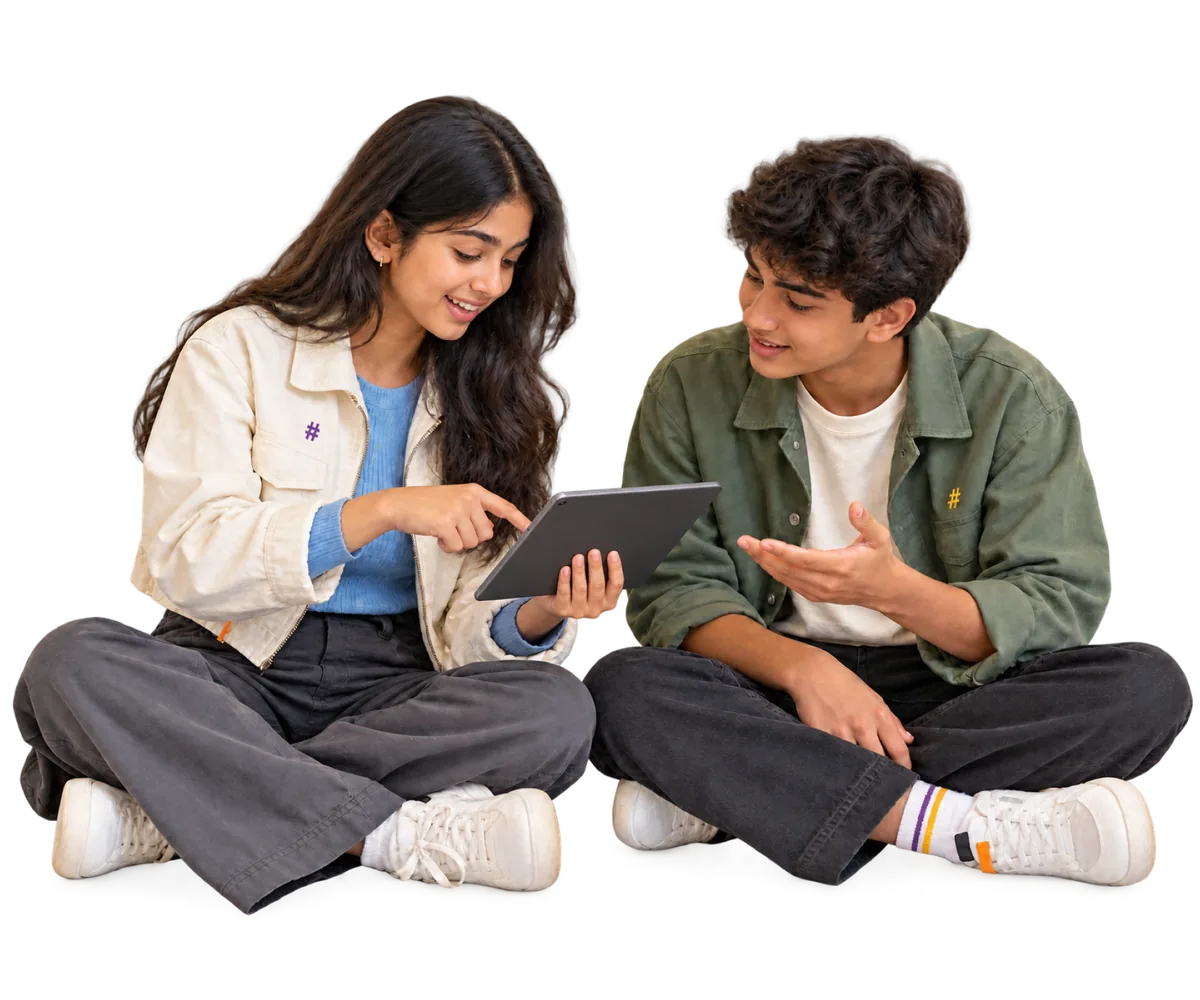 Two learners explaining an idea to each other on a tablet