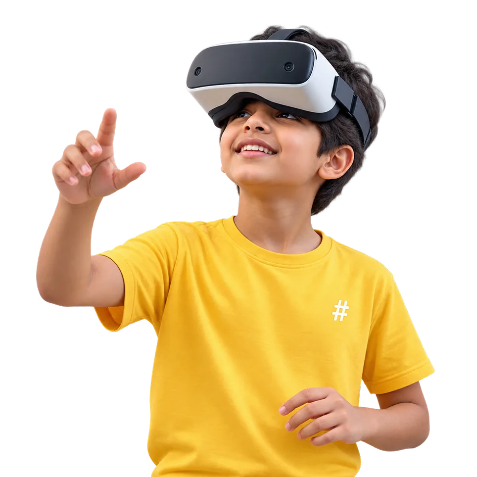 Learner in a yellow HashHackCode t-shirt exploring with a VR headset