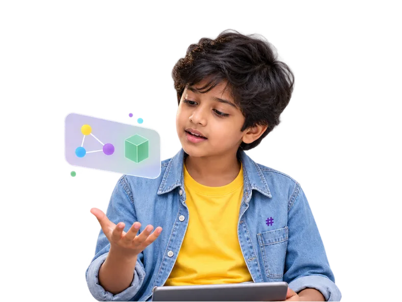 Learner holding a tablet with floating shapes above it